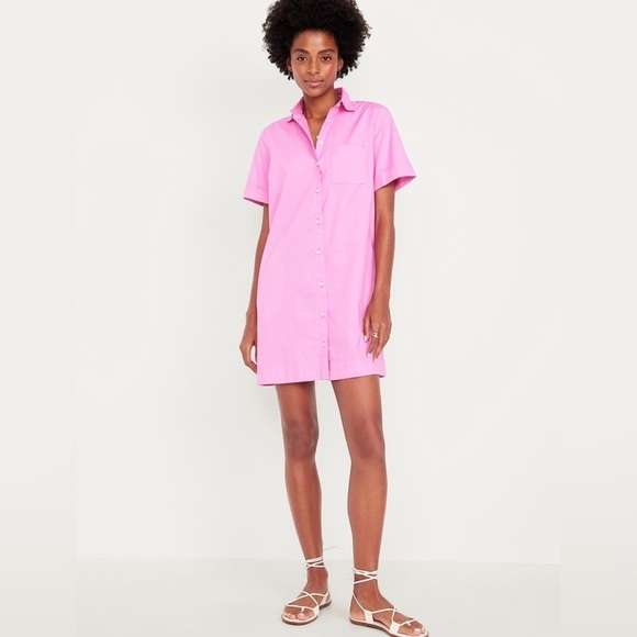 NWT! Old Navy Vivid Begonia Pink Cotton Button-Down Mini Shirt Dress - Multiple - Picture 3 of 10